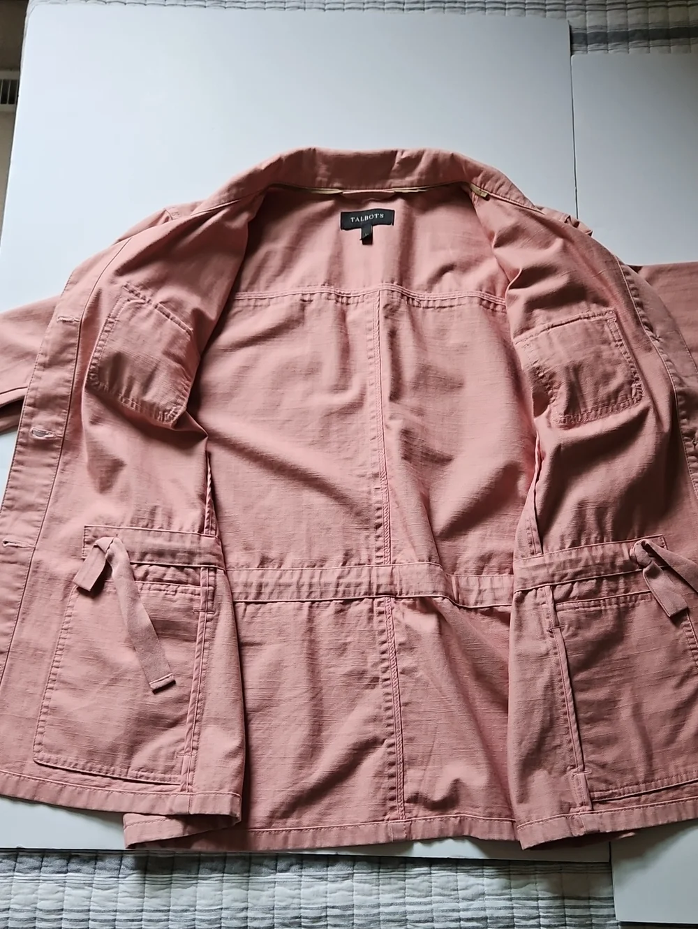 Talbots Safari Utility Jacket Adj Waist Cotton Twill Rose Pockets LG Layering